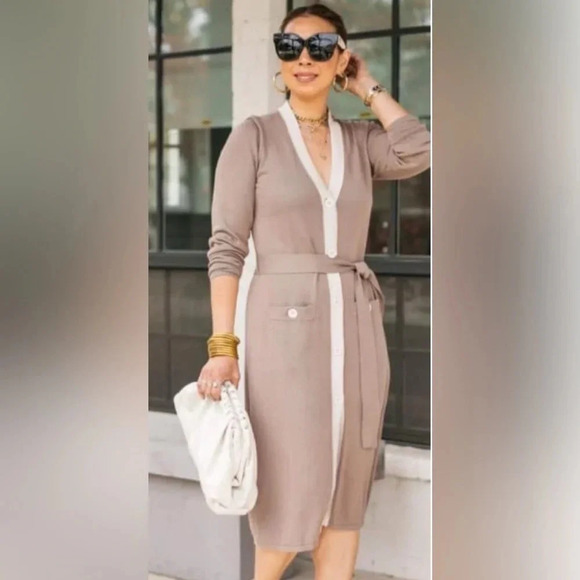 Cabi Genteel Button Front Long Cardigan Beige Ivory Trim Belt Small Neutral Read - Picture 6 of 15